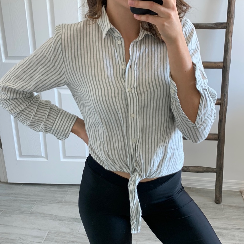 H&M Linen Cropped Front Knot Button Down Shirt White and Green Striped / Size XS
